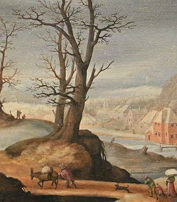 Man with donkey loaded with packs crosses a bridge in a winter scene