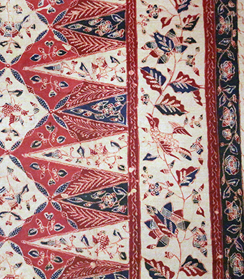 A kain sarung using the bang biru (red-blue) style of natural dyes and patterns. This was made in Semarang in the late 19th or early 20th century