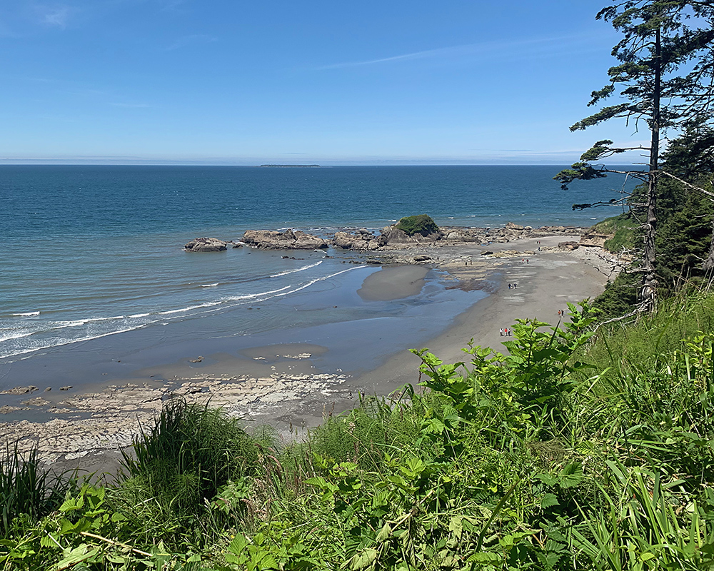 Looking out over a beach with rocks and sand and pebbles from a high vantage point, the Pacific ocean on the horizon