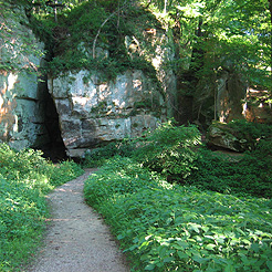 Trail along cliff face in Wildcat Den State Park near Muscatine, Iowa