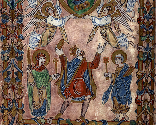 Portrait of King Edgar presenting a charter for one of Bishop Æthelwold’s monasteries to Christ, St Peter and the Virgin Mary