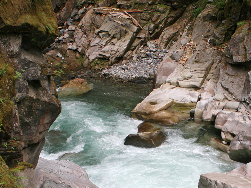 A mountain river has carved a deep gorge