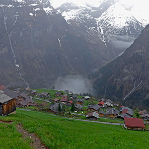 The view from the slope above the village looking down into Gimmelwald.